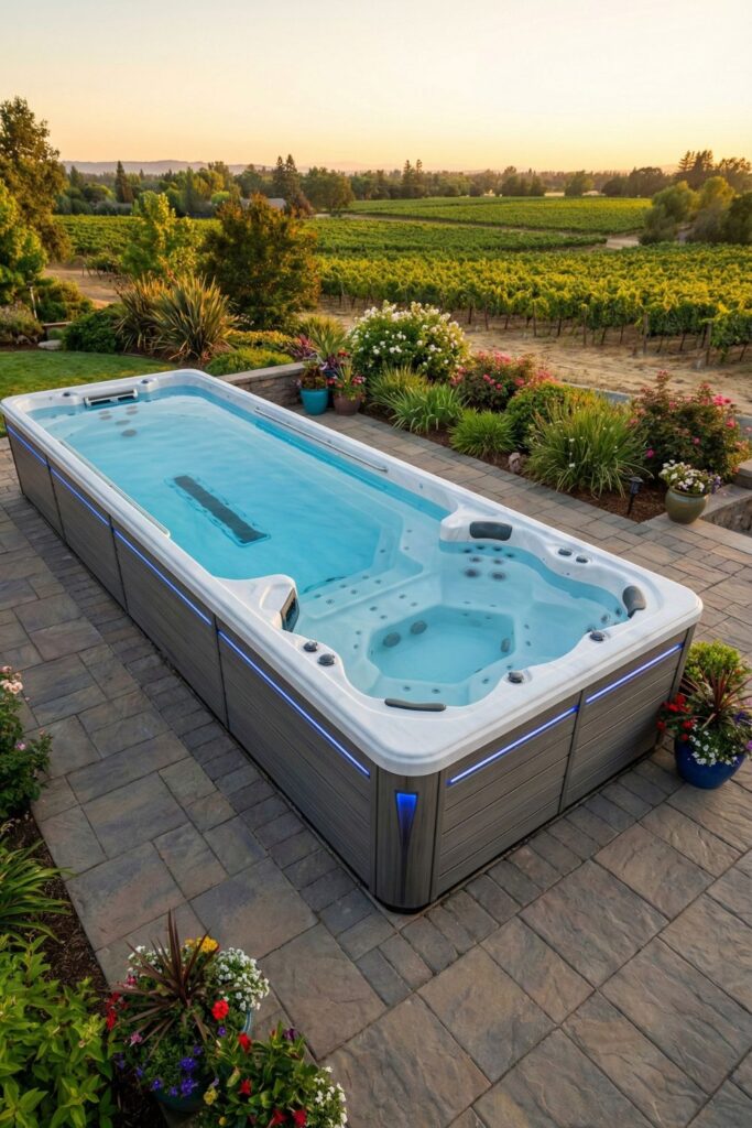 Multi-functional swim spa with spa jets and swim lane