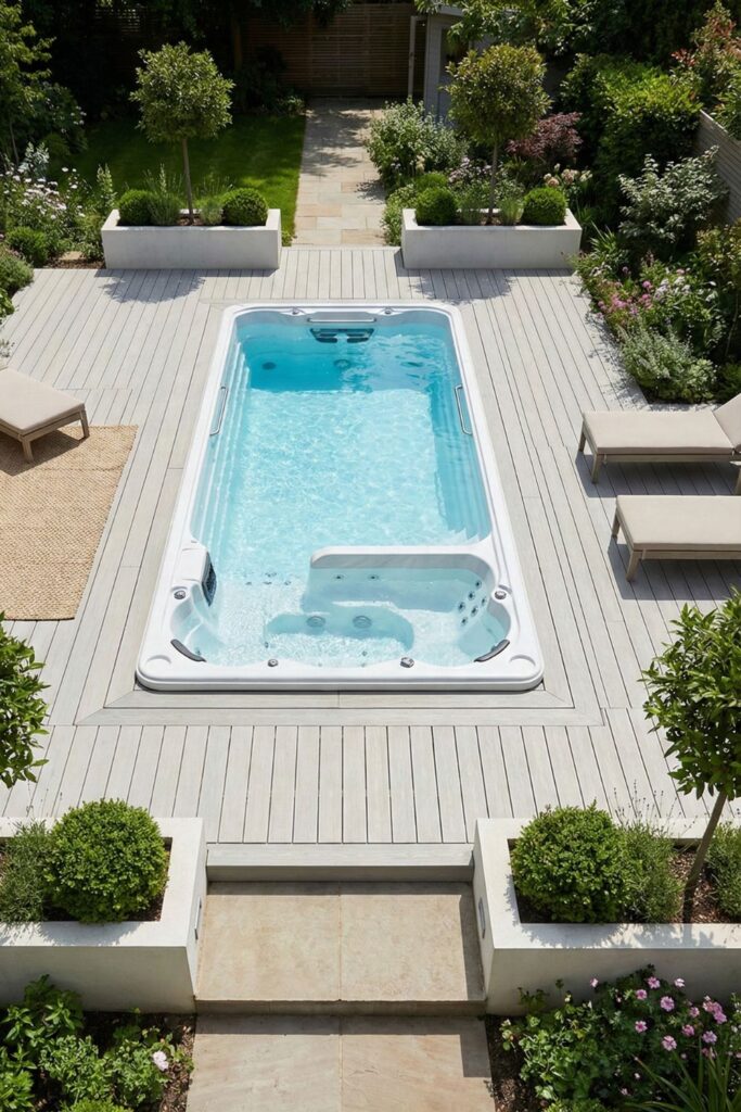 Minimalist swim spa with clean lines and neutral tones