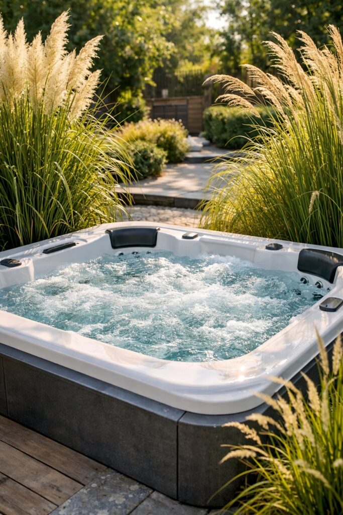 Jacuzzi framed by tall ornamental grasses