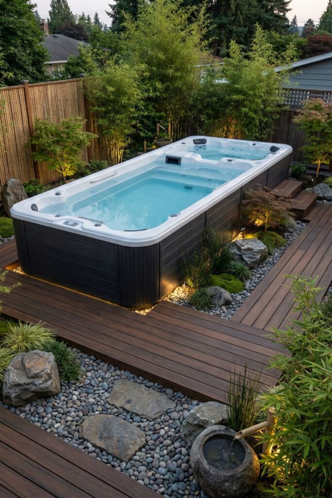 Swim spa nestled in a Zen-inspired garden