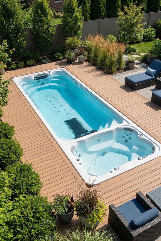 Swim spa recessed into the ground for a sleek look