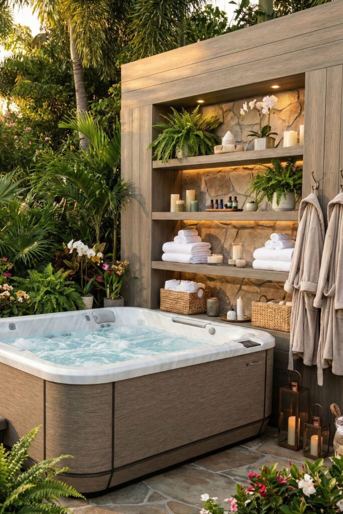 30. Incorporate shelving for outdoor spa essentials