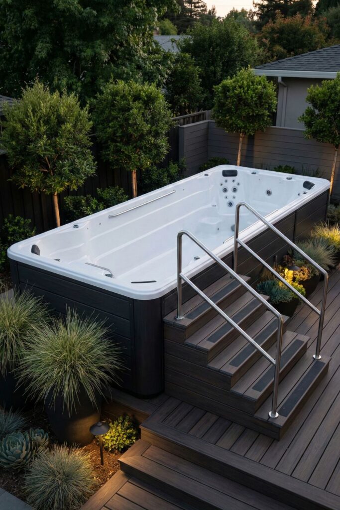 Swim spa with built-in steps and handrails