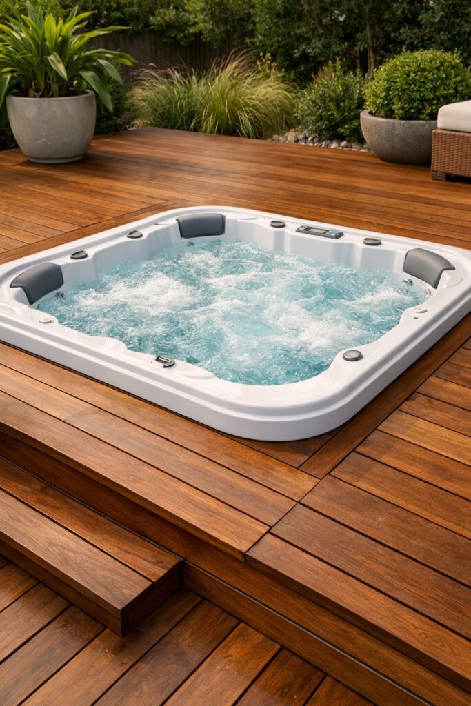 Jacuzzi integrated into wooden decking