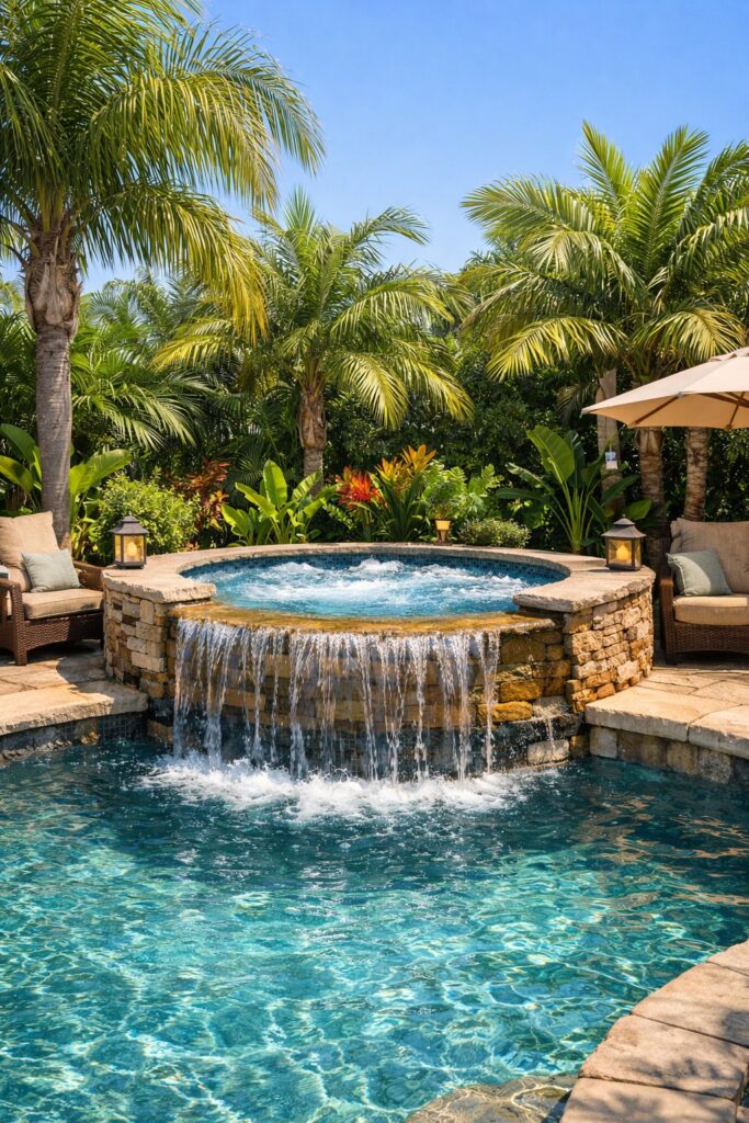 Tropical-inspired small pool with waterfall Jacuzzi feature