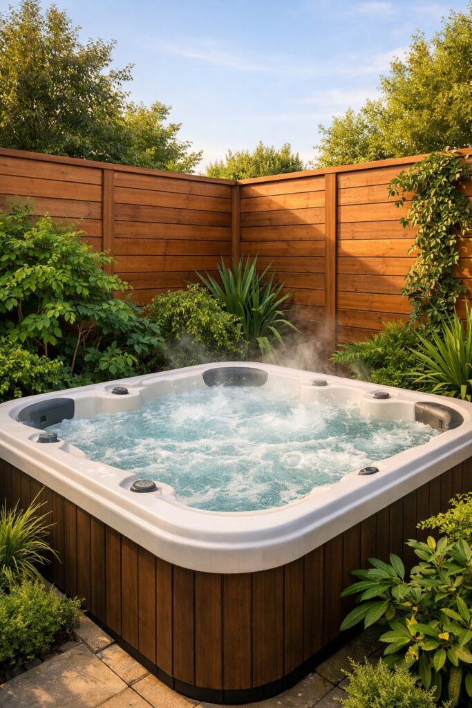 Jacuzzi with privacy fence and greenery