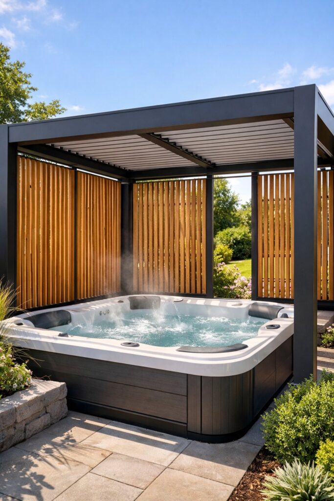 Privacy screens integrated into pergola sides