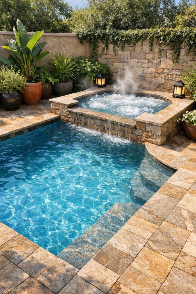 Stone-tiled small pool with heated Jacuzzi nook