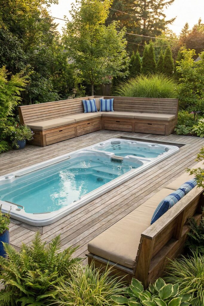 Swim spa with built-in lounge seating