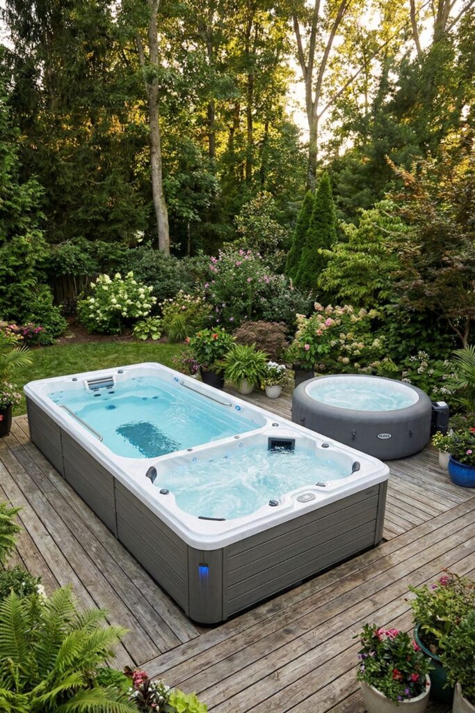 Combination swim spa and hot tub setup