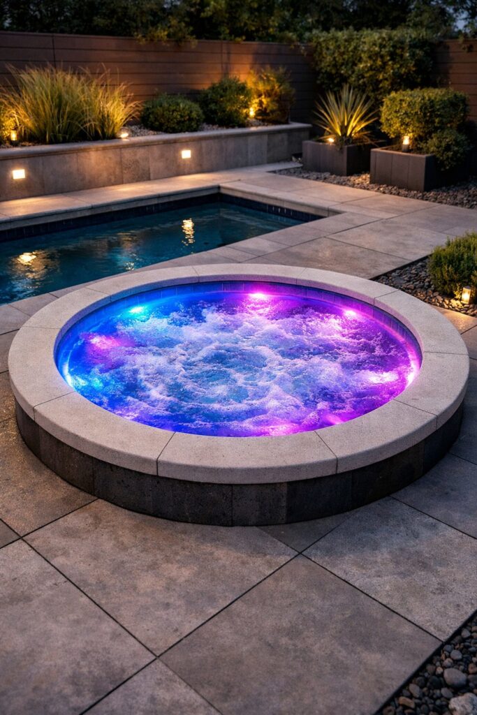 Modern small pool with LED-lit circular Jacuzzi