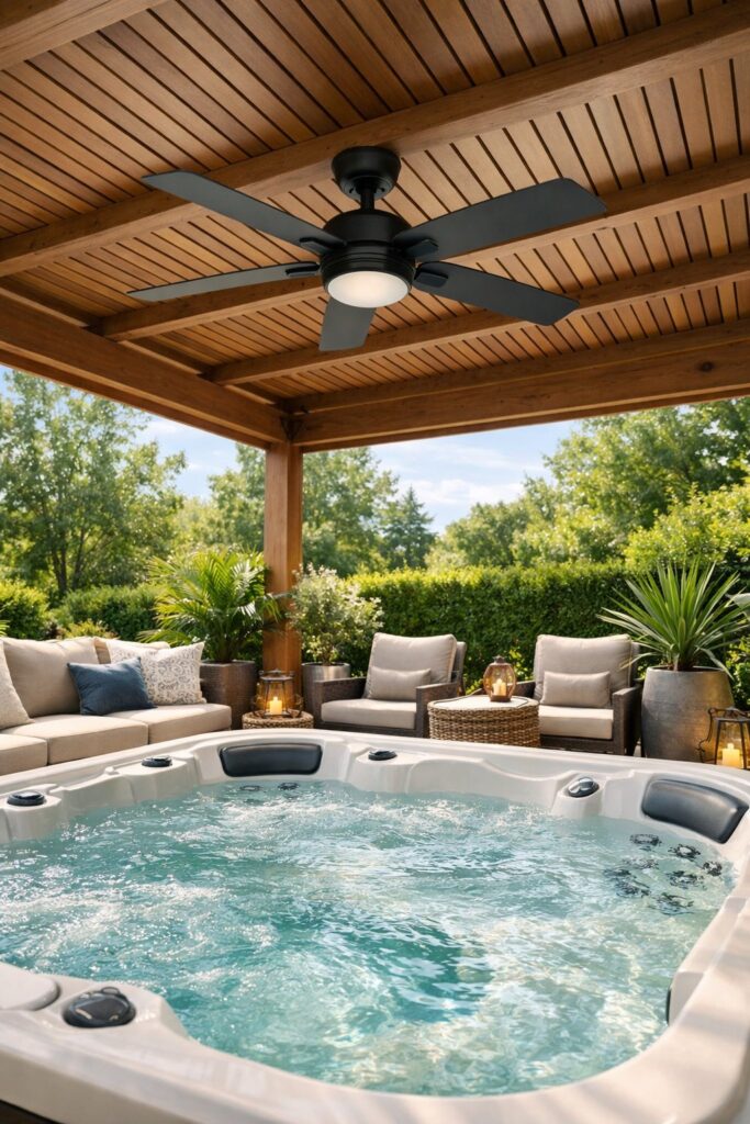 Pergola featuring a ceiling fan
