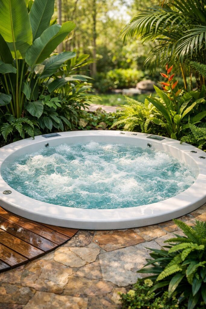 Round Jacuzzi surrounded by lush plants