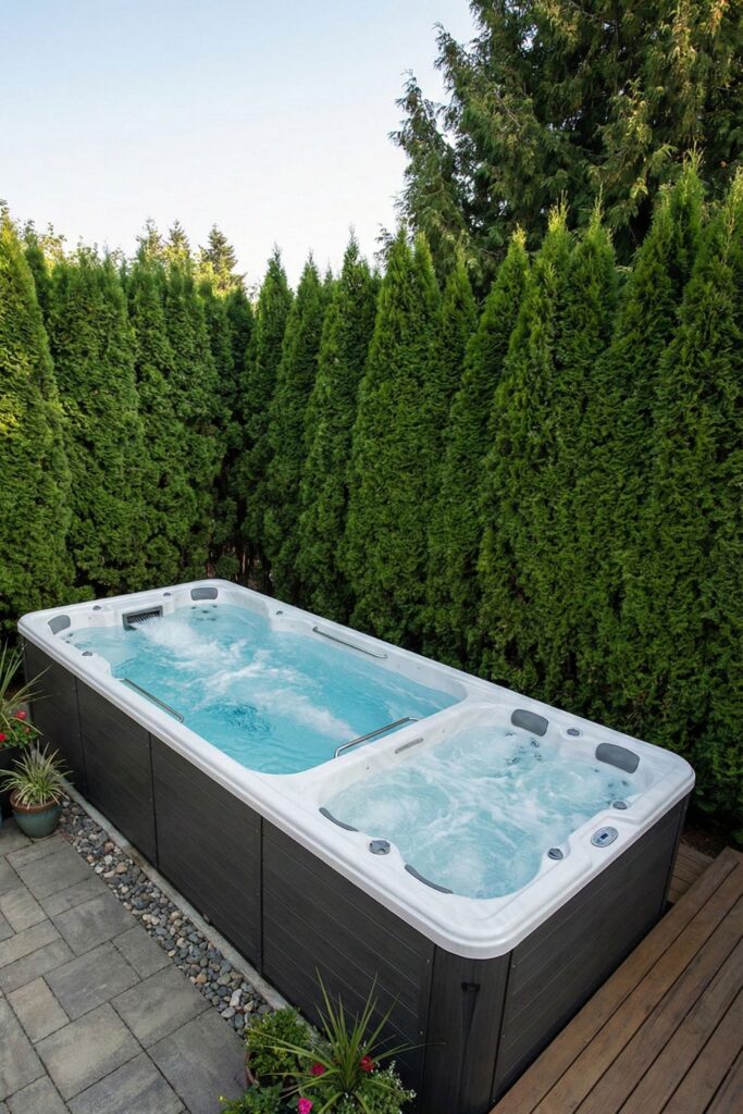 Swim spa surrounded by evergreen hedges