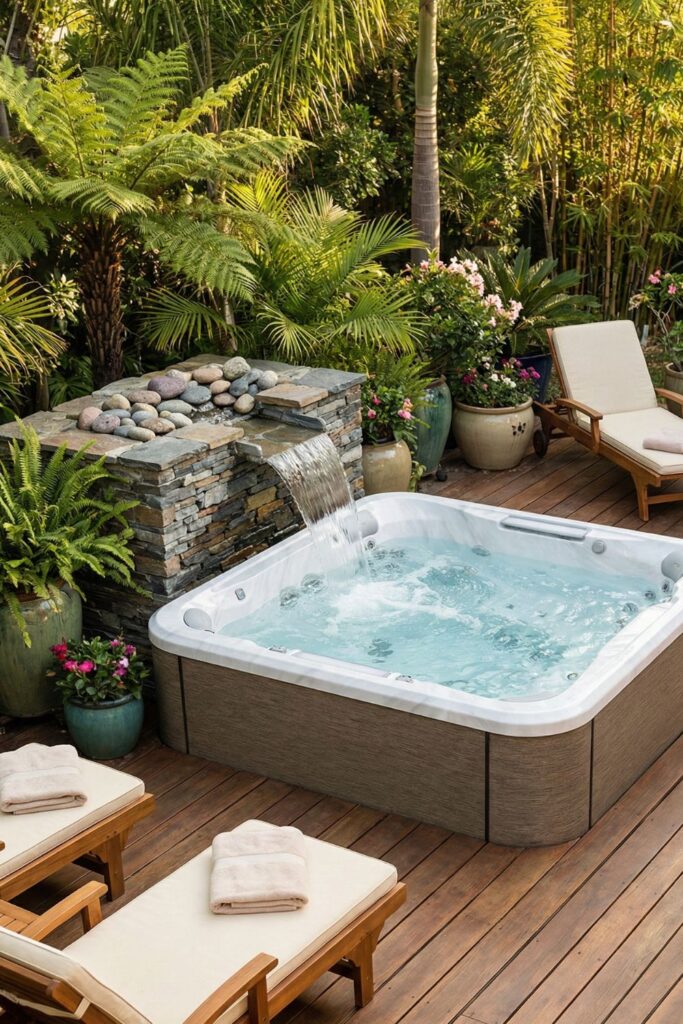 9. Integrate a waterfall feature flowing into the hot tub
