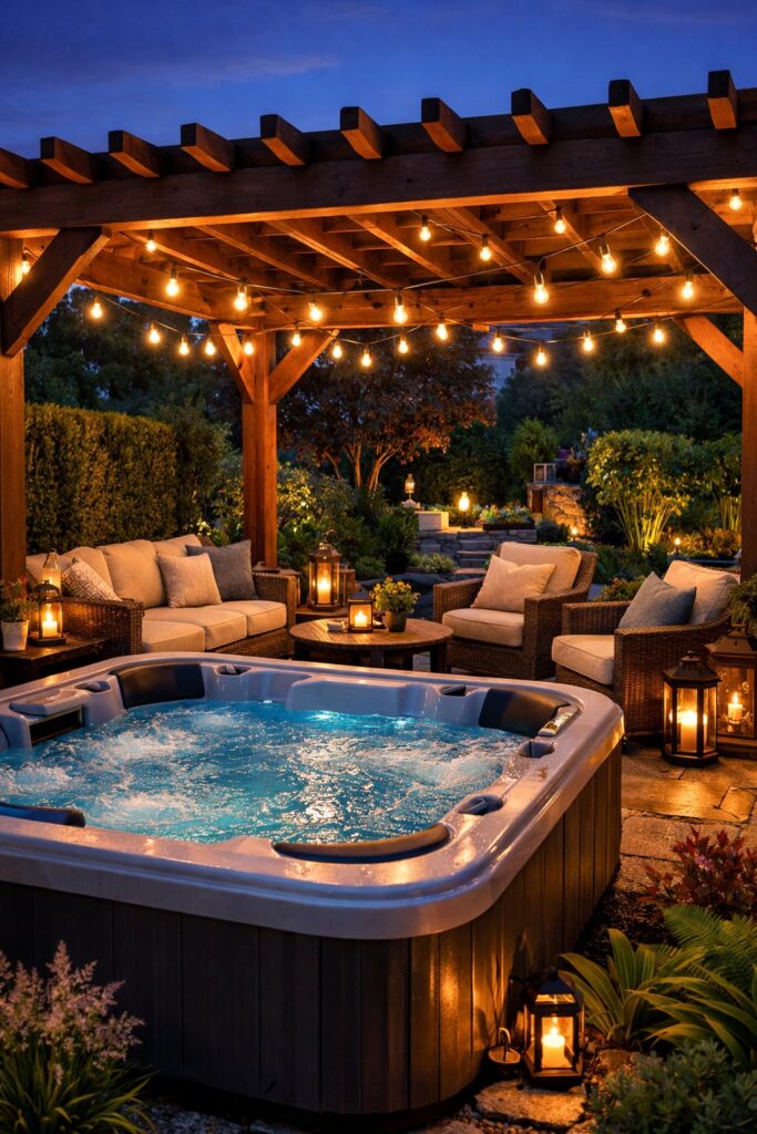 Pergola with string lights draped overhead