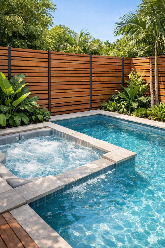 Pool and Jacuzzi combo with privacy screen and plants
