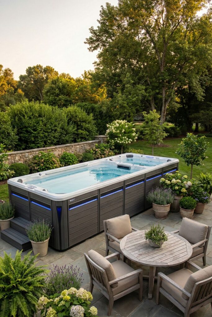 Spa area with circular outdoor dining table nearby