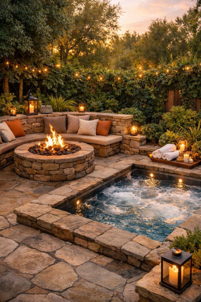 Cozy corner with built-in stone fire pit and sunken hot tub