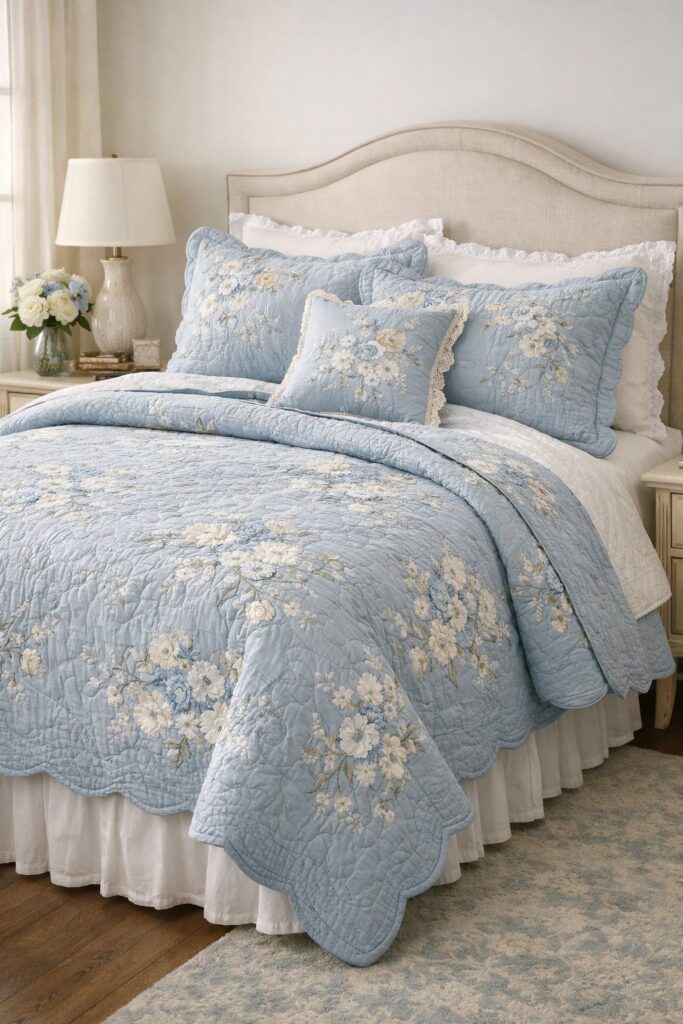 Laura Ashley Floral Embroidery Quilt Set in Blue