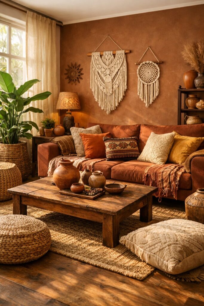 Layer rich, earthy tones like terracotta, ochre, and deep browns