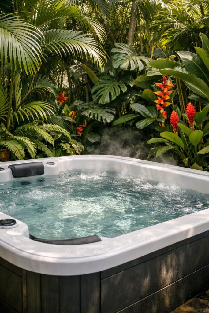 Lush tropical plants around the hot tub