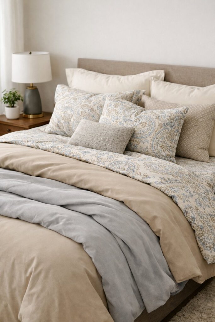 Mix patterned sheets with solid duvets