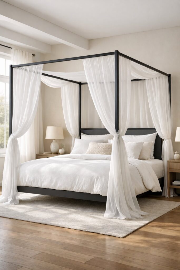 Modern minimalist metal frame canopy bed with sheer white curtains