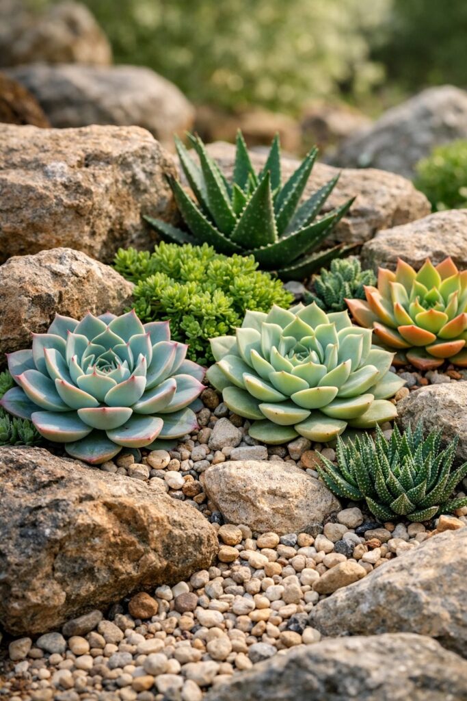 Natürlicher Steingarten mit Sukkulenten
