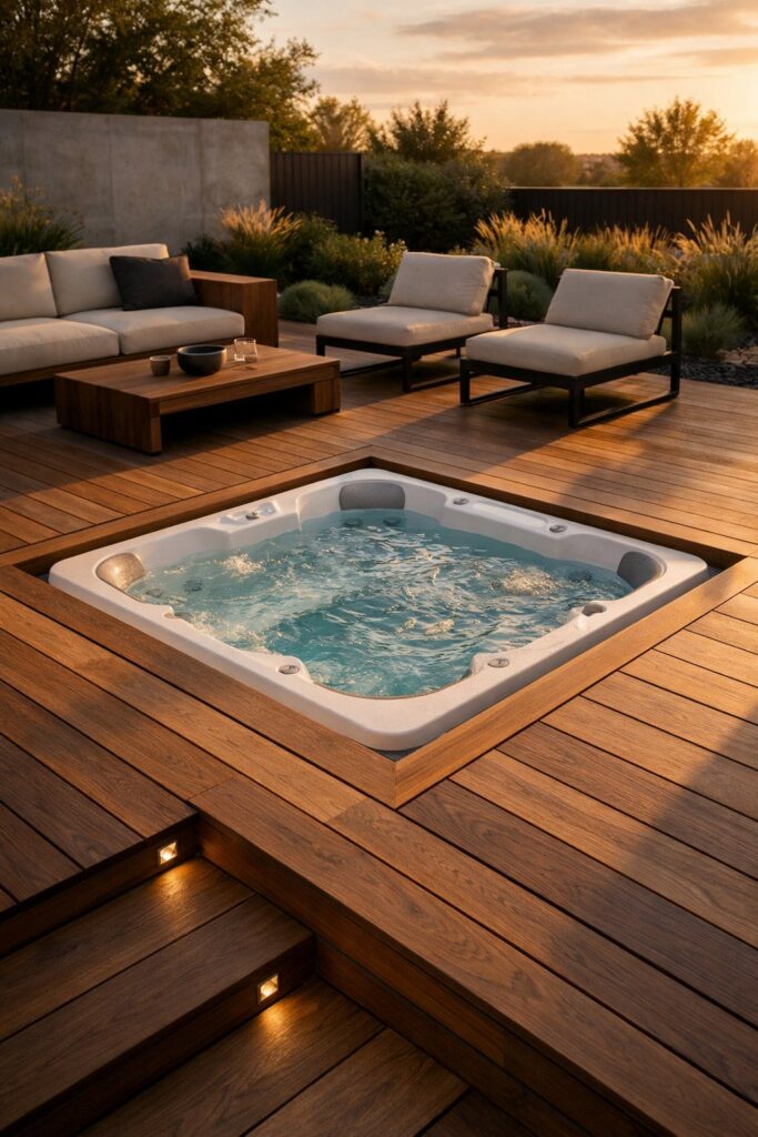 Partially sunken hot tub deck for sleek, modern look