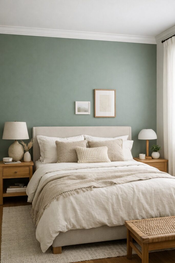 Sage green accent wall with white trim