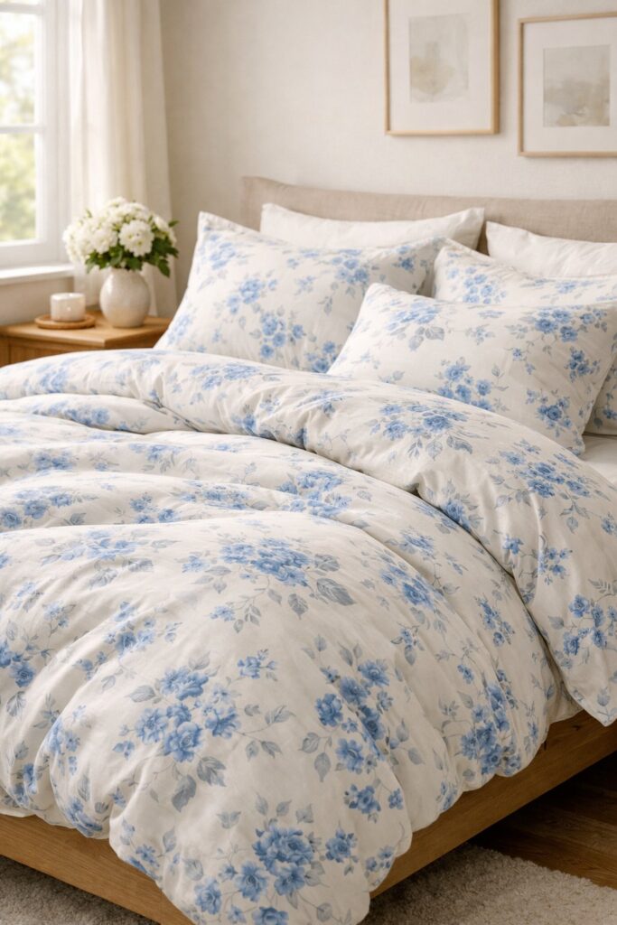 Soft blue floral cotton bedding set