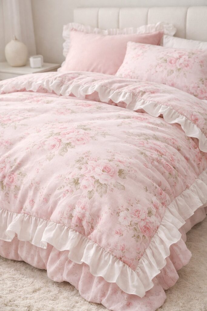 Soft pastel pink floral duvet with ruffled edges
