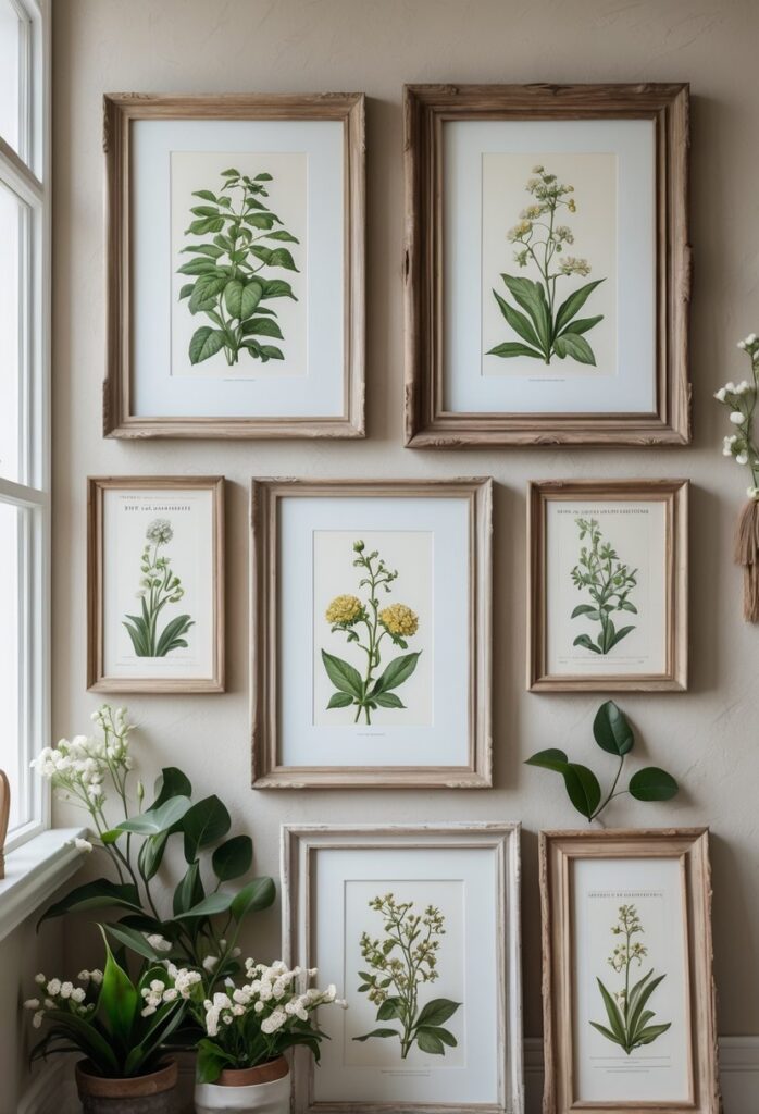 Add faded botanical prints in vintage frames