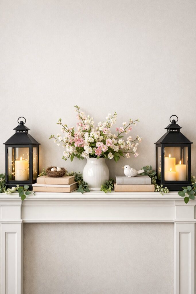 Balance the mantel with symmetrical arrangements of lanterns