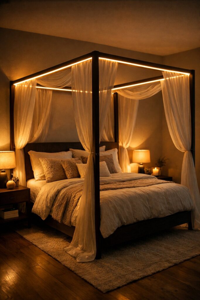 Canopy bed featuring LED strip lights for nighttime ambiance