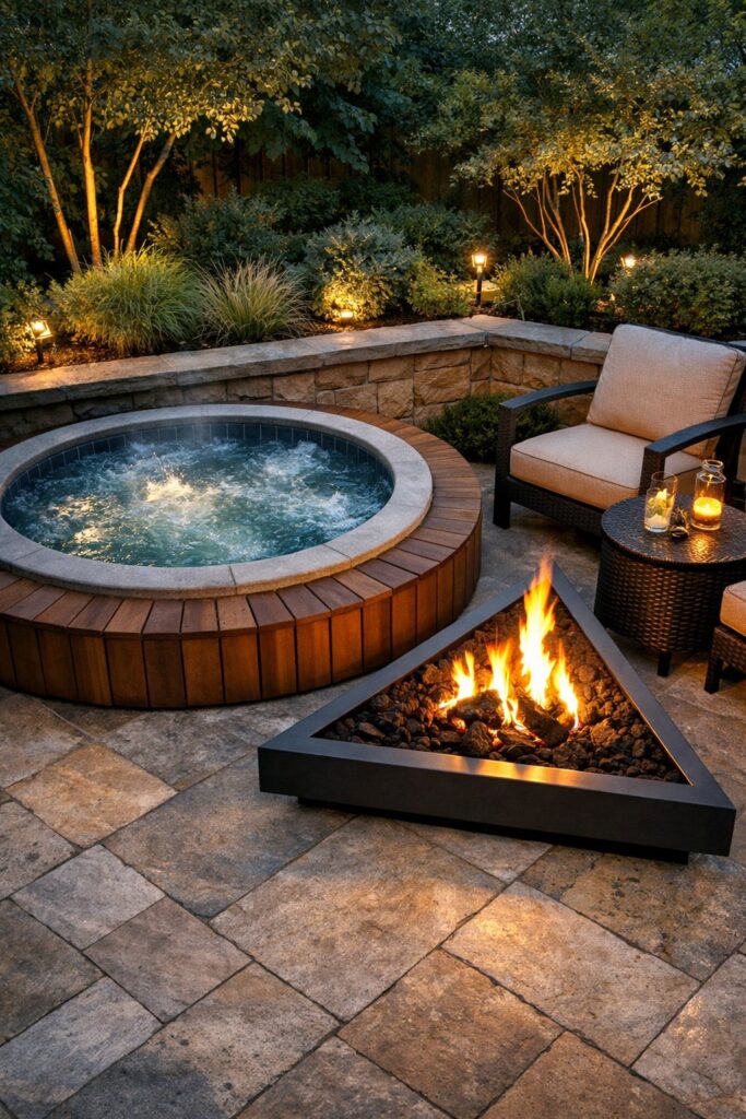 Corner patio design combining a small hot tub with a triangle-shaped fire pit