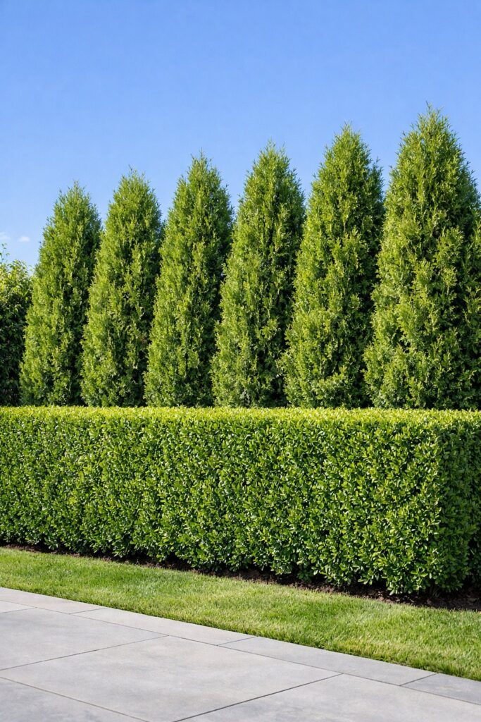 Hedge row with boxwood or arborvitae