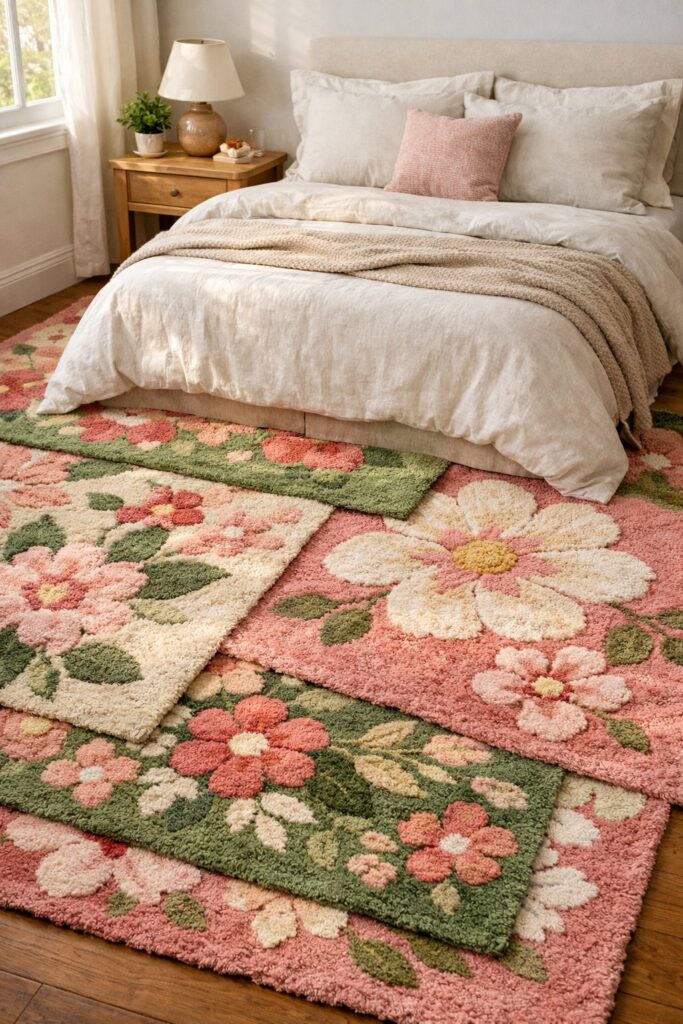 Layer floral rugs with complementary colors