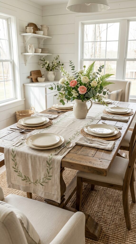 Neutral Linen Table Runners with Embroidery