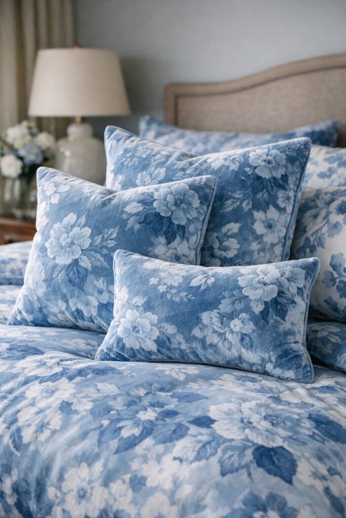 Powder blue floral velvet throw pillows