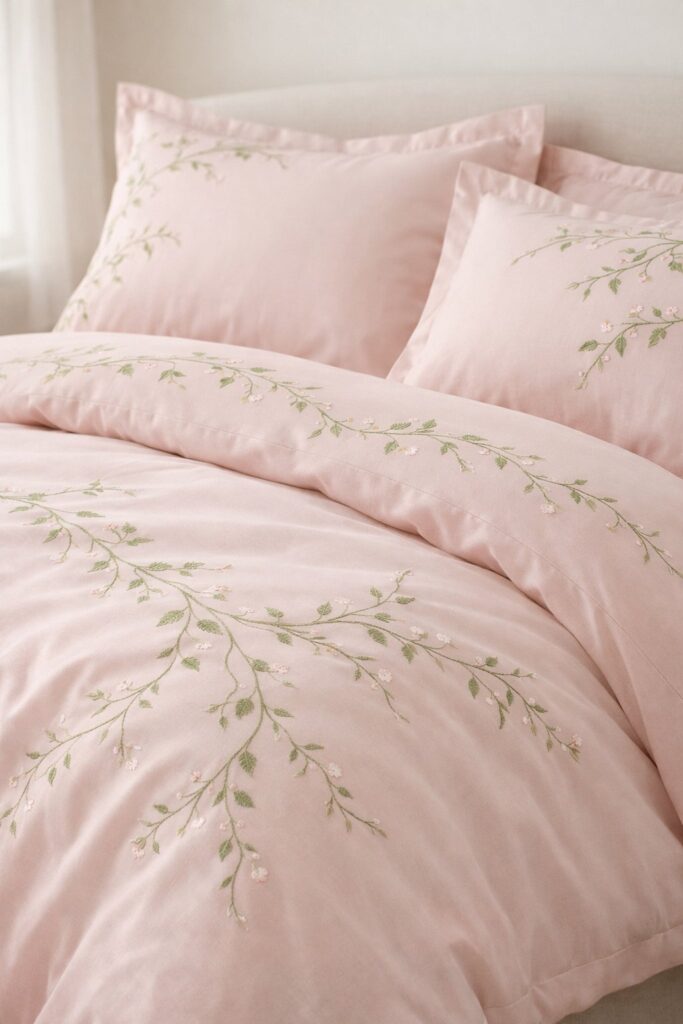 Soft pink bedding adorned with climbing vine motifs