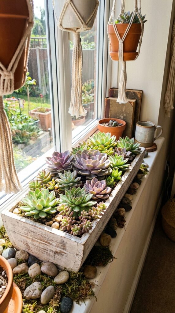 Succulent arrangements in rustic pots