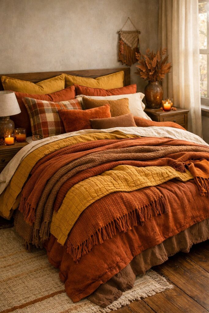 Use warm autumnal colors like rust and mustard