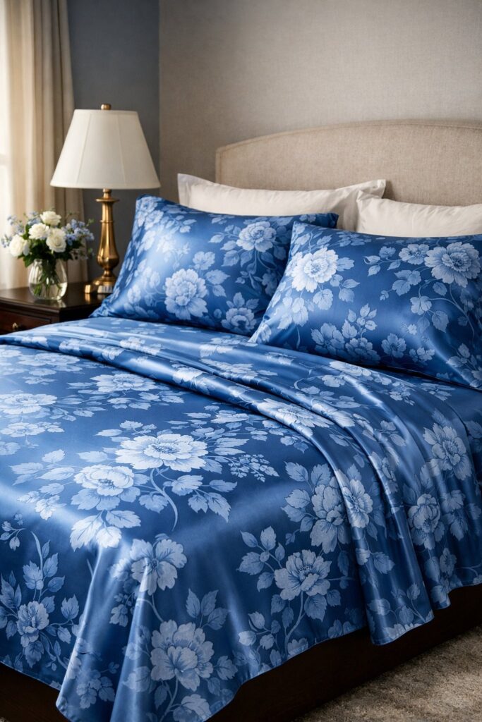 Blue floral sateen sheet set