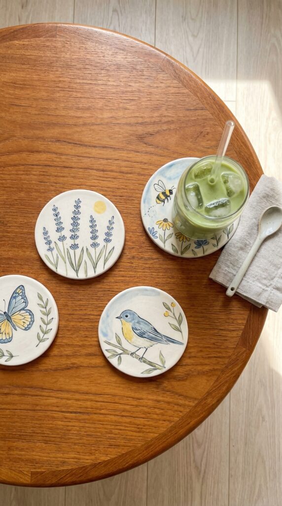 Bright ceramic coasters with spring motifs