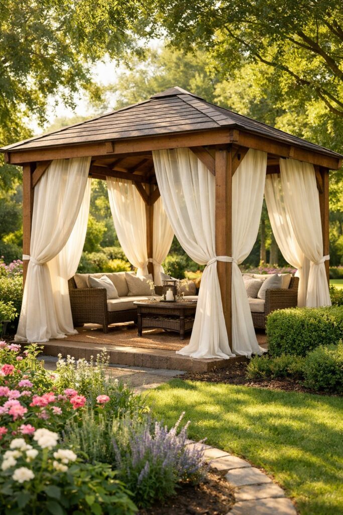 Outdoor privacy curtains on a gazebo