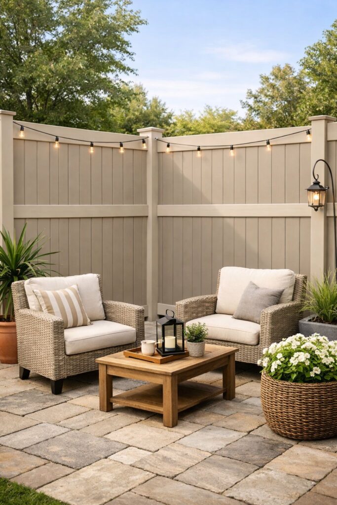 PVC privacy fence in neutral tones