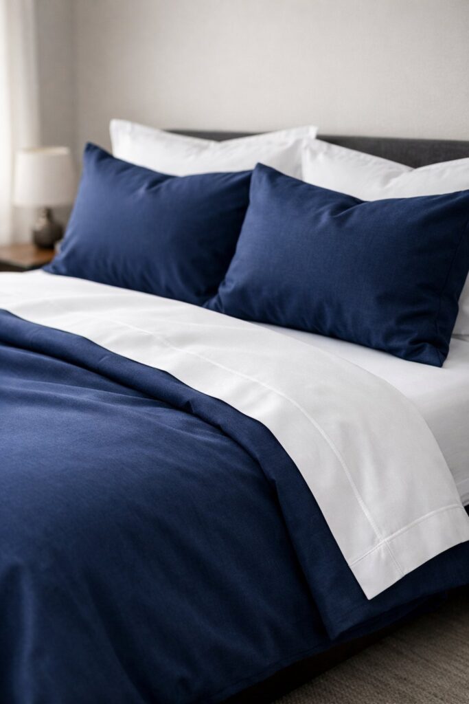 Pair crisp white sheets with navy blue covers