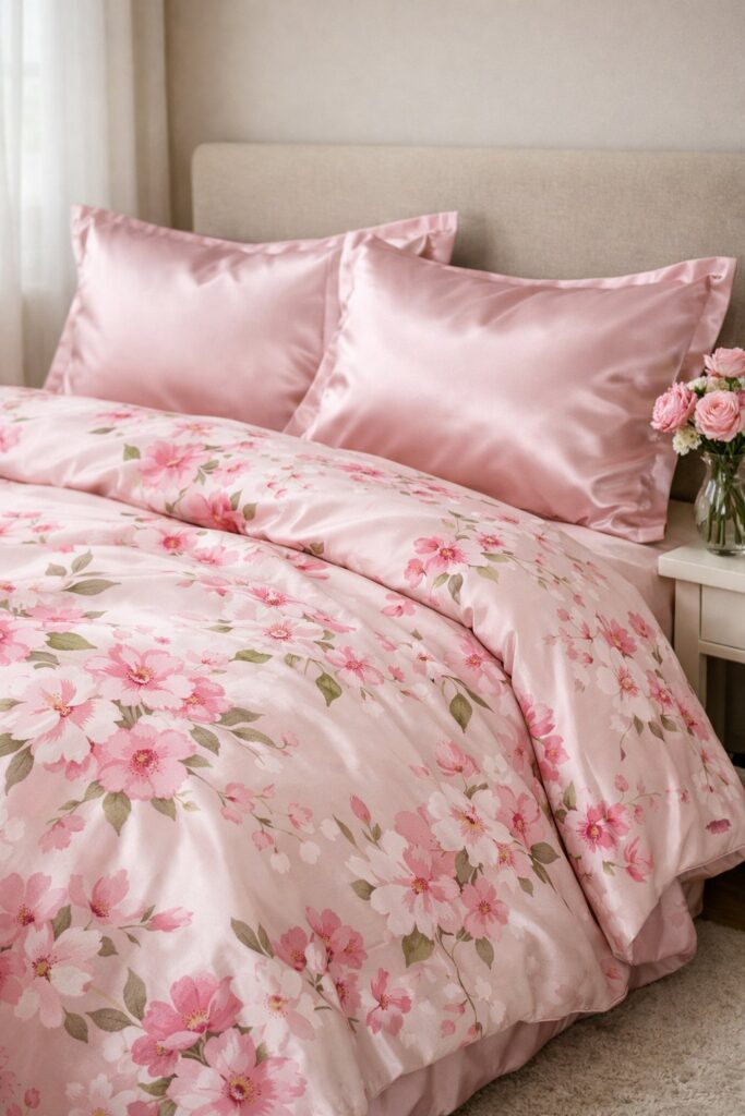 Pink floral print bedding with matching satin pillowcases